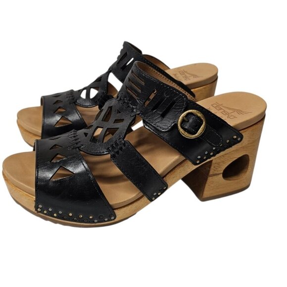 Dankso Oralee Black Leather Cut Out Wood Platform Sandals Boho Chic 39/8.5-9 - Picture 1 of 11